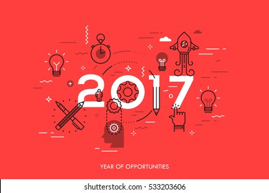 Infographic concept: 2017 - year of opportunities. New trends and predictions in startups, idea generation, innovations, modern thinking. Plans and prospects. Vector illustration in thin line style.