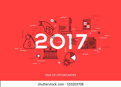 Conceito infográfico: 2017 - ano de oportunidades. Novas tendências quentes e previsões em economia, planejamento orçamentário, economia de dinheiro, impostos e dívidas de crédito compensando. Ilustração vetorial em estilo de linha fina.