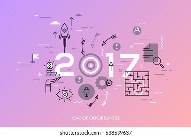 Infographic concept, 2017 - year of opportunities. New trends, prospects and predictions in business challenges, targeting, problem solving. Vector illustration in thin line style for website, banner.