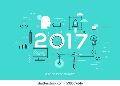 Infographic concept, 2017 - year of opportunities. Hot trends and prospects in idea creation, innovative activities, startup launch and development. Vector illustration in thin line style for website.