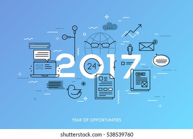 Infographic concept, 2017 - year of opportunities. Hot trends and predictions in global communication, social media, internet blogs, online instant messengers. Vector illustration in thin line style.