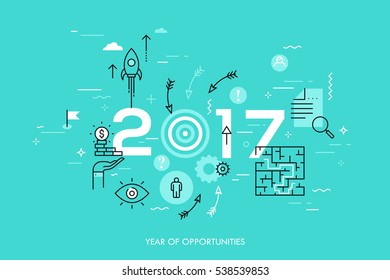 Infographic concept, 2017 - year of opportunities. New trends, prospects and predictions in business challenges, targeting, problem solving. Vector illustration in thin line style for website, banner.