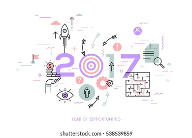 Infographic concept, 2017 - year of opportunities. New trends, prospects and predictions in business challenges, targeting, problem solving. Vector illustration in thin line style for website, banner. - Powered by Shutterstock - Get 15% off with code: PIKWIZARD15