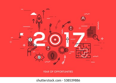 Infographic concept, 2017 - year of opportunities. New trends, prospects and predictions in business challenges, targeting, problem solving. Vector illustration in thin line style for website, banner. - Powered by Shutterstock - Get 15% off with code: PIKWIZARD15