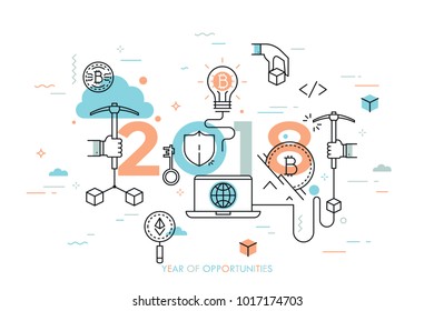 Infographic concept, 2018 - year of opportunities. New trends, plans and perspectives in bitcoin and alternative crypto currencies mining pools, technology. Vector illustration in thin line style.
