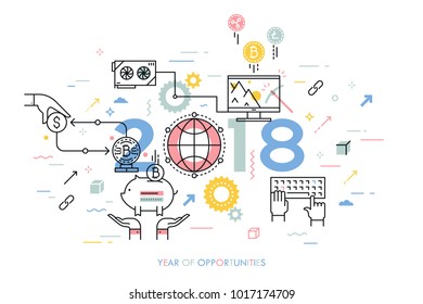 Infographic concept, 2018 - year of opportunities. New trends, prospects and predictions in bitcoin mining, storage and exchange on crypto currency market. Vector illustration in thin line style.