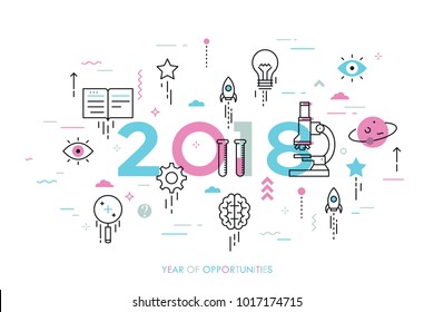 Infographic concept, 2018 - year of opportunities. New plans, trends, prospects and predictions in science, scientific research and development, knowledge. Vector illustration in thin line style.