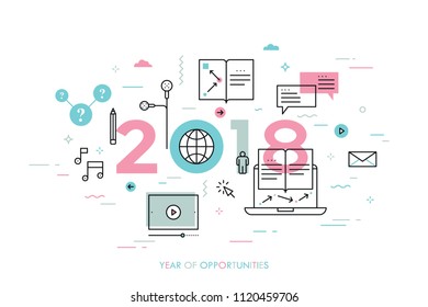 Infographic concept, 2018 - year of opportunities. New prospects and predictions in internet courses, distance education, self-improvement, online training. Vector illustration in thin line style.