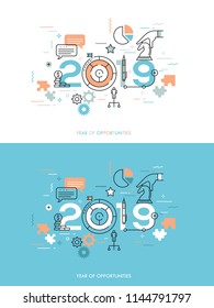 Infographic concept 2018 year of opportunities. Future trends and prospects in business challenges, strategies, international networking, communication. Vector illustration in thin line style.