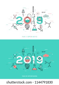 Infographic concept, 2018 - year of opportunities. Trends and predictions in science, education, scientific studies and discoveries, research, development. Vector illustration in thin line style.