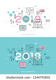 Infographic concept, 2018 - year of opportunities. New prospects and predictions in internet courses, distance education, self-improvement, online training. Vector illustration in thin line style.