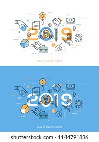 Infographic concept, 2018 - year of opportunities. Trends and prospects in personal budget planning, money saving, financial analysis, income growth strategies. Vector illustration in thin line style.