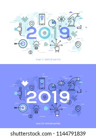Infographic concept, 2018 - year of opportunities. Trends and predictions in international business expansion strategies, market entry, strategic planning. Vector illustration in thin line style.