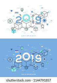 Infographic concept, 2018 - year of opportunities. New trends, plans and perspectives in blockchain technologies, crypto currencies mining, digital assets. Vector illustration in thin line style.