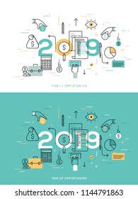 Infographic concept, 2018 - year of opportunities. New trends, prospects, plans and predictions in accounting, financial consulting, personal budget planning. Vector illustration in thin line style.
