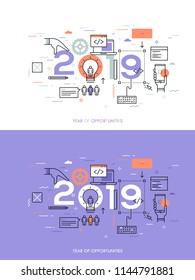 Infographic concept, 2018 - year of opportunities. Trends and prospects in web and mobile applications, software development, program coding, programmer tools. Vector illustration in thin line style.