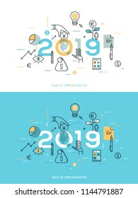 Concepto gráfico, año de oportunidades 2018. Tendencias y perspectivas en economía, tributación, planificación presupuestaria, cálculo y ahorro de dinero, banca personal. Ilustración vectorial en estilo de línea delgada.