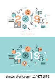 Infographic concept, 2018 - year of opportunities. Trends, prospects and predictions in internet education, distance learning, online educational programs. Vector illustration in thin line style.