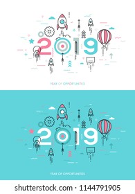 Infographic concept, 2018 - year of opportunities. New trends and expectations in startup launches, business development, profit growth, goal achievement. Vector illustration in thin line style.