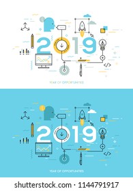 Infographic concept, 2018 - year of opportunities. Hot trends and prospects in idea creation, innovative activities, startup launch, development. Vector illustration in thin line style for website.