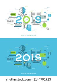 Infographic concept, 2018 - year of opportunities. New prospects and predictions in internet courses, distance education, self-improvement, online training. Vector illustration in thin line style.