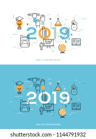 Infographic concept, 2018 - year of opportunities. New trends, prospects and predictions in science, scientific studies, schooling system and higher education. Vector illustration in thin line style.
