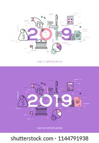 Infographic concept, 2018 - year of opportunities. New hot trends and predictions in economics, budget planning, money saving, tax and credit debt paying off. Vector illustration in thin line style.