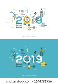 Infographic concept, 2018 - year of opportunities. New trends and prospects in career building, job searching, headhunting, recruitment or employment services. Vector illustration in thin line style.