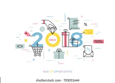 Infographic concept 2018 year of opportunities. New trends and prospects in internet shopping, online sales and discounts, buying luxury goods. Vector illustration in thin line style for banner.