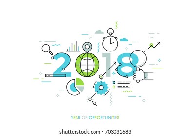 Infographic concept 2018 year of opportunities. New global trends and perspectives in online search, internet tools for business and project management. Vector illustration in thin line style.