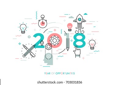 Infographic concept, 2018 - year of opportunities. New trends and predictions in startups, idea generation, innovations, modern thinking. Plans and prospects. Vector illustration in thin line style.