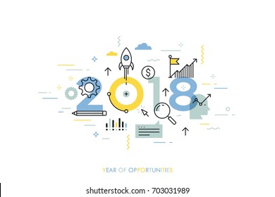 Infographic concept 2018 year of opportunities. New trends and prospects in startups, business development, profit growth strategies. Plans and expectations. Vector illustration in thin line style.