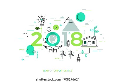 Infographic concept, 2018 - year of opportunities. Trends and predictions in green energy, environmental and eco-friendly technologies, electricity generation. Vector illustration in thin line style.