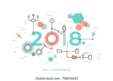 Infographic concept, 2018 - year of opportunities. Future trends and prospects in business process organization, structuring, networking, communication. Vector illustration in thin line style.