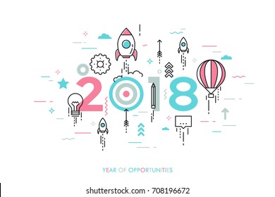 Infographic concept, 2018 - year of opportunities. New trends and expectations in startup launches, business development, profit growth, goal achievement. Vector illustration in thin line style.