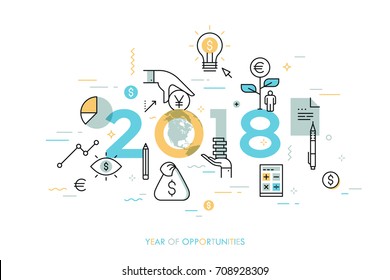 Infographic concept, 2018 - year of opportunities. Trends and prospects in economics, taxation, budget planning, money calculation and saving, personal banking. Vector illustration in thin line style.