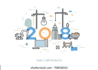 Infographic concept, 2018 - year of opportunities. Plans and prospects in construction, engineering, architecture, modern urban design and city development. Vector illustration in thin line style.