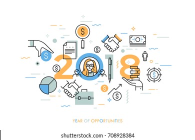 Conceito infográfico, 2018 - ano de oportunidades. Tendências e perspectivas em planejamento de orçamento pessoal, economia de dinheiro, análise financeira, estratégias de crescimento de renda. Ilustração vetorial em estilo de linha fina.