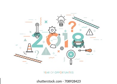 Infographic concept, 2018 - year of opportunities. New trends, plans, prospects and predictions in website repair and maintenance, technical support services. Vector illustration in thin line style.