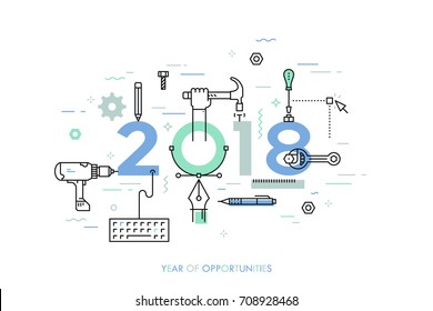 Infographic Concept, 2018 - Year Of Opportunities. Plans, Trends And Prospects In Repairs, Home Remodeling, Renovation And Improvement, Manual Work Tools. Vector Illustration In Thin Line Style.