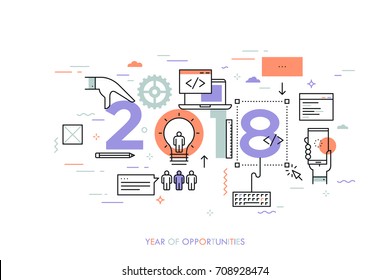 Infographic concept, 2018 - year of opportunities. Trends and prospects in web and mobile applications, software development, program coding, programmer tools. Vector illustration in thin line style.