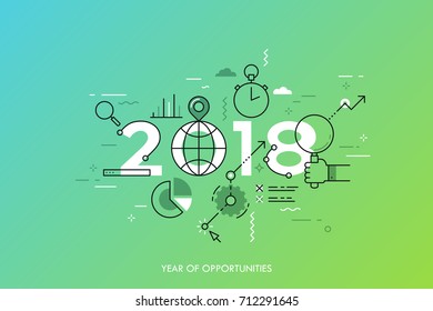 Infographic concept 2018 year of opportunities. New global trends and perspectives in online search, internet tools for business and project management. Vector illustration in thin line style.