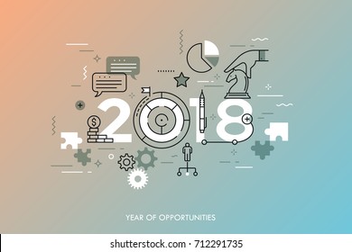 Infographic concept 2018 year of opportunities. Future trends and prospects in business challenges, strategies, international networking, communication. Vector illustration in thin line style.