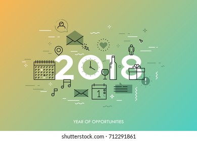 Infographic concept 2018 year of opportunities. Plans and expectations for holidays, new years party, vacation. Gifts and surprises. Vector illustration in thin line style for banner, header.