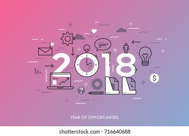 Infographic concept, 2018 - year of opportunities. New trends and prospects in business development, office work, time management, profit growth strategies. Vector illustration in thin line style.