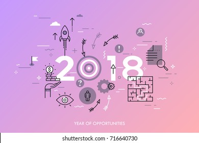 Infographic concept, 2018 - year of opportunities. New trends, prospects and predictions in business challenges, targeting, problem solving. Vector illustration in thin line style for website, banner.