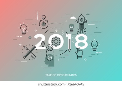 Infographic concept, 2018 - year of opportunities. New trends and predictions in startups, idea generation, innovations, modern thinking. Plans and prospects. Vector illustration in thin line style.