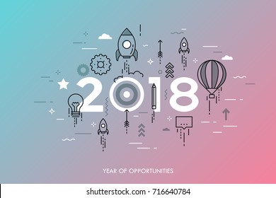 Infographic concept, 2018 - year of opportunities. New trends and expectations in startup launches, business development, profit growth, goal achievement. Vector illustration in thin line style.