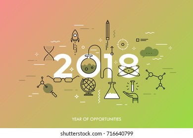 Infographic concept, 2018 - year of opportunities. Trends and predictions in science, education, scientific studies, discoveries, research, development. Vector illustration in thin line style.