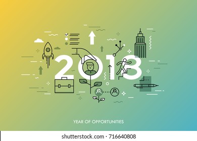 Infographic concept, 2018 - year of opportunities. New trends and prospects in career building, job searching, headhunting, recruitment or employment services. Vector illustration in thin line style.